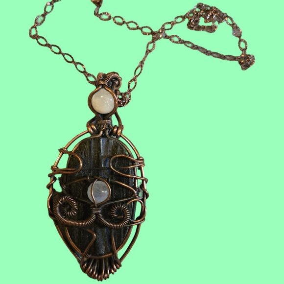 Large Black Tourmaline wire wrapped in copper w evil eye & crystal - Picture 3 of 5
